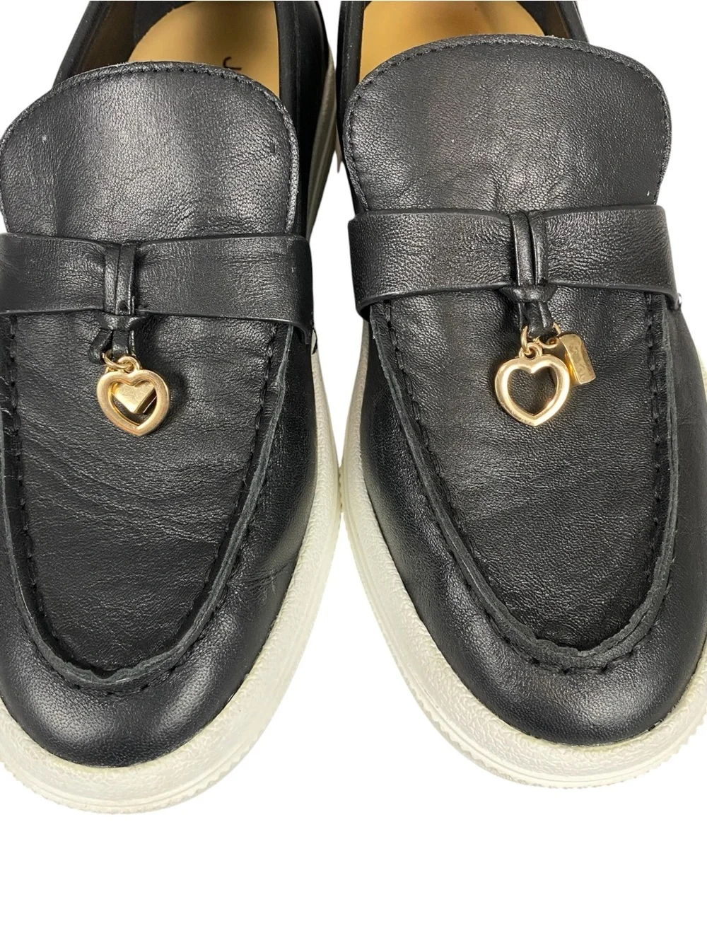 J/SLIDES Black Leather Platform Slip On Loafers Gold Tone Charms Size 8.5